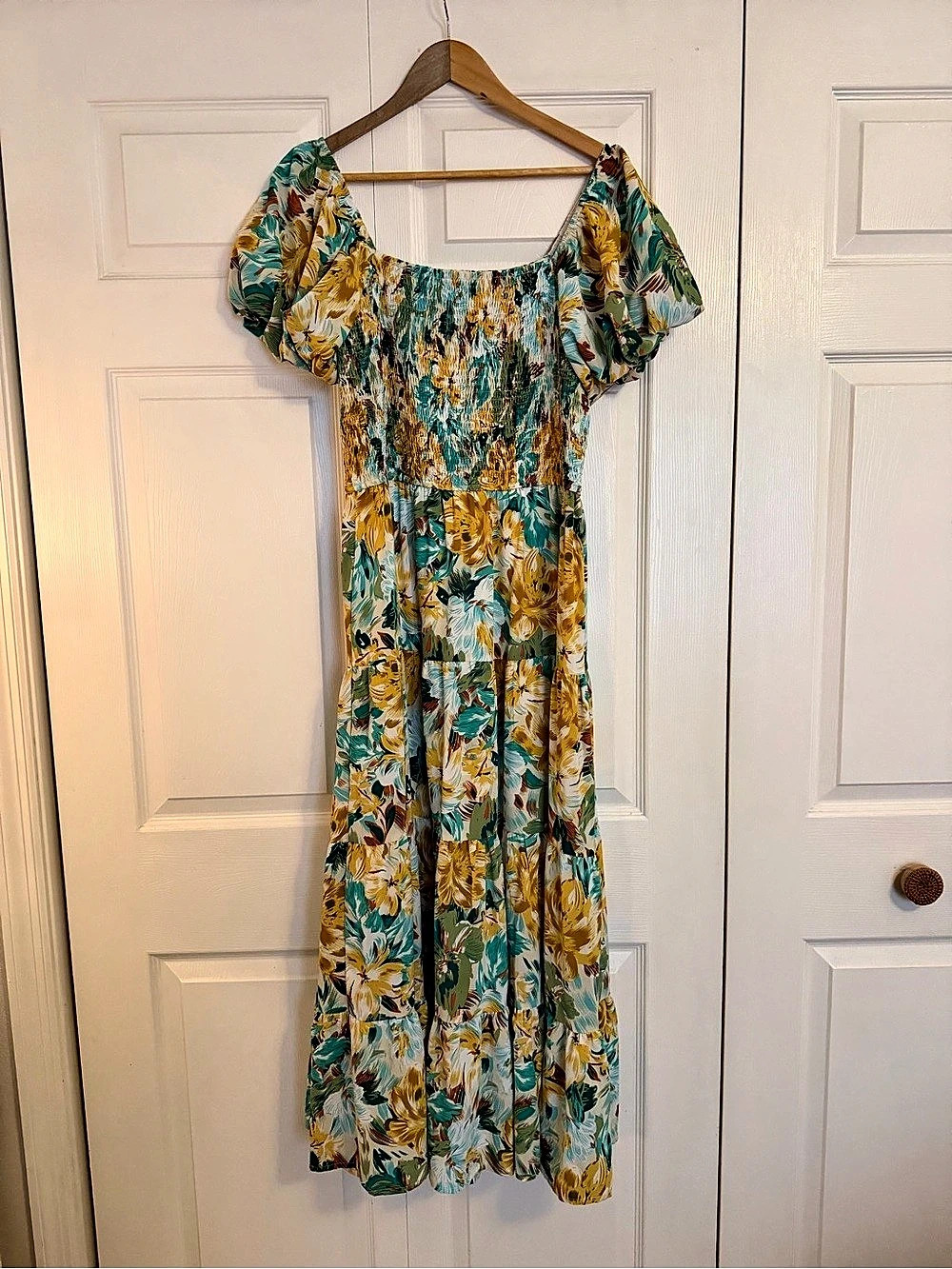PrettyGarden Women's Casual Summer Midi Dress Puffy Short Sleeve Square Neck